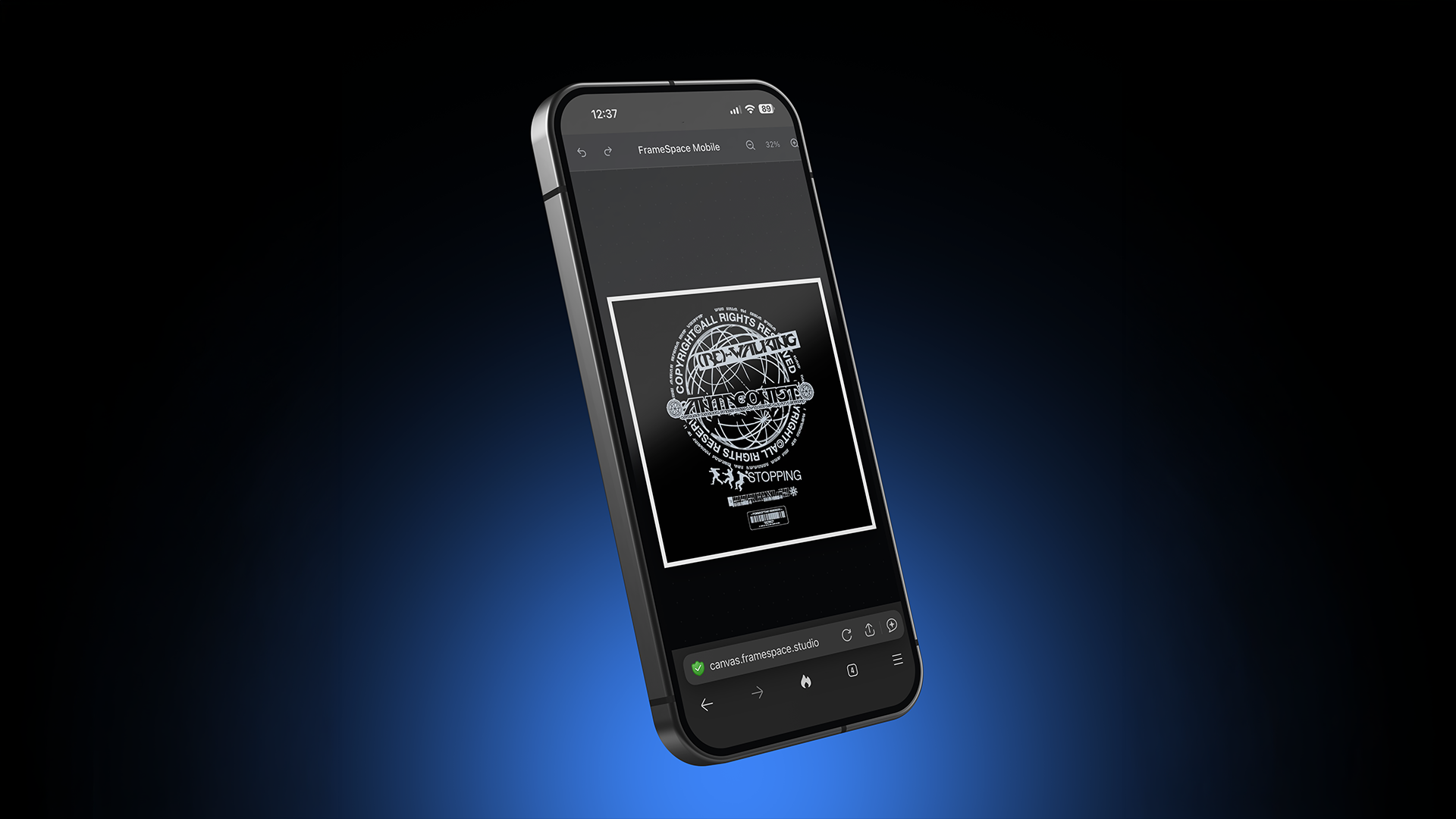 A phone displaying a FrameSpace app working on mobile.